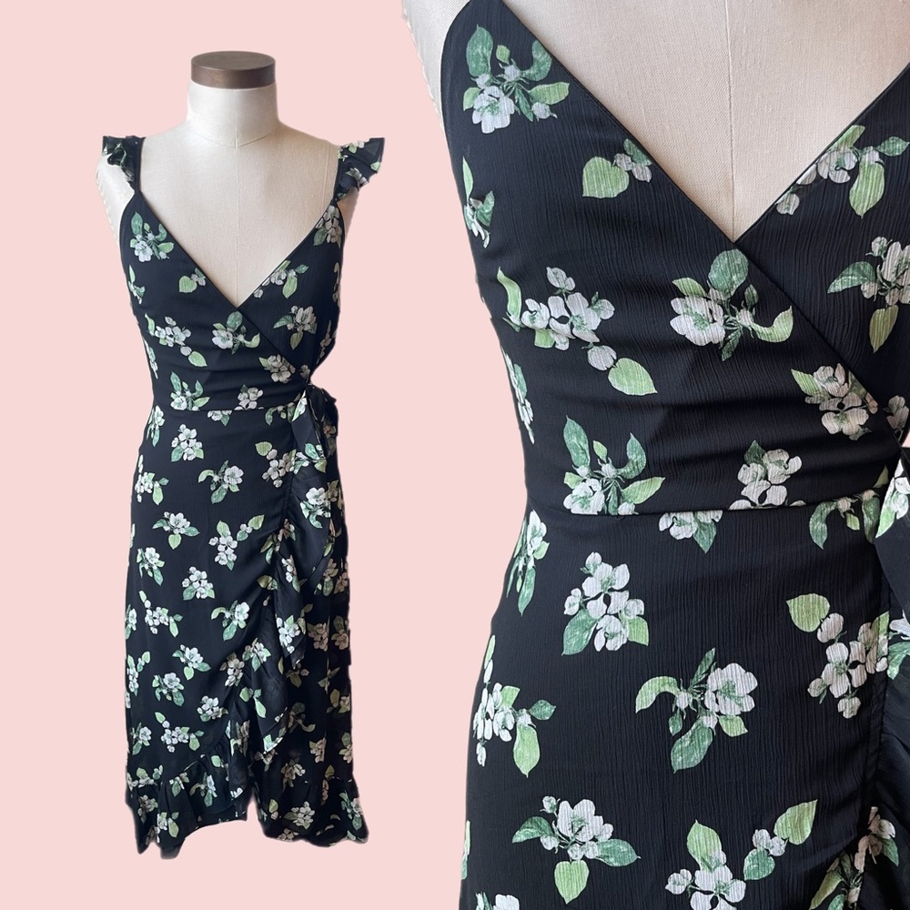 Floral Black Wrap Dress